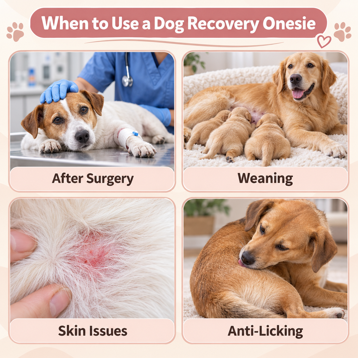 A four-panel infographic titled 'When to Use a Dog Recovery Onesie' showing dogs in different care scenarios: after surgery, weaning, skin issues, and anti-licking behavior. The panels feature real dogs and a veterinarian setting, making this a Lifestyle image rather than a clean product shot.