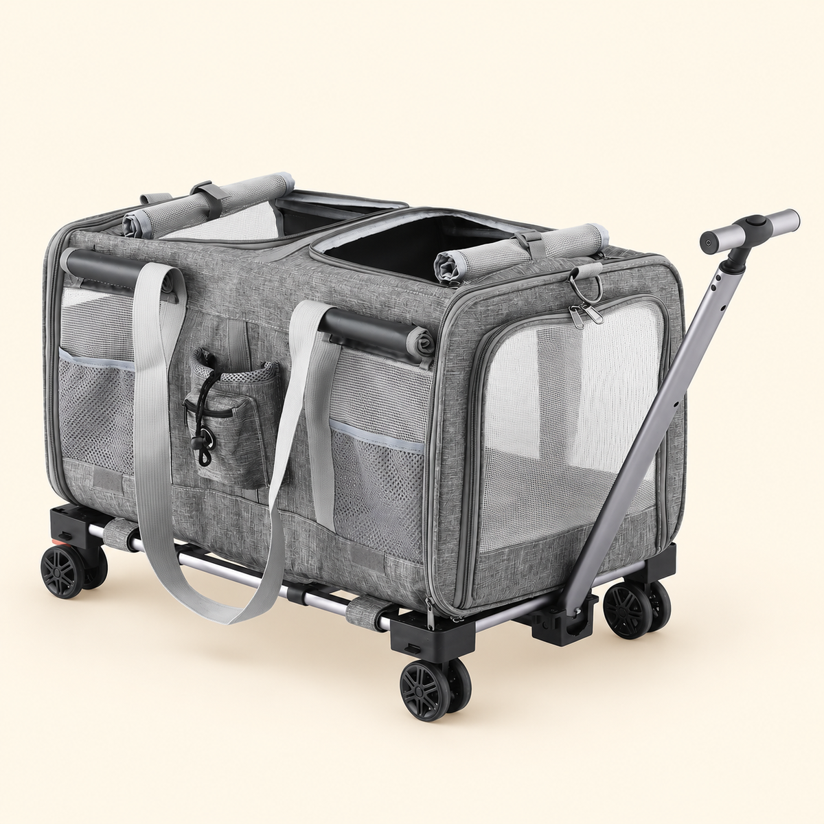 A gray pet carrier stroller with mesh windows, side pockets, and four wheels, shown on a light beige background.