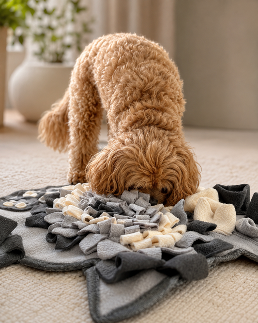 Cavoodle with grey snuffle mat