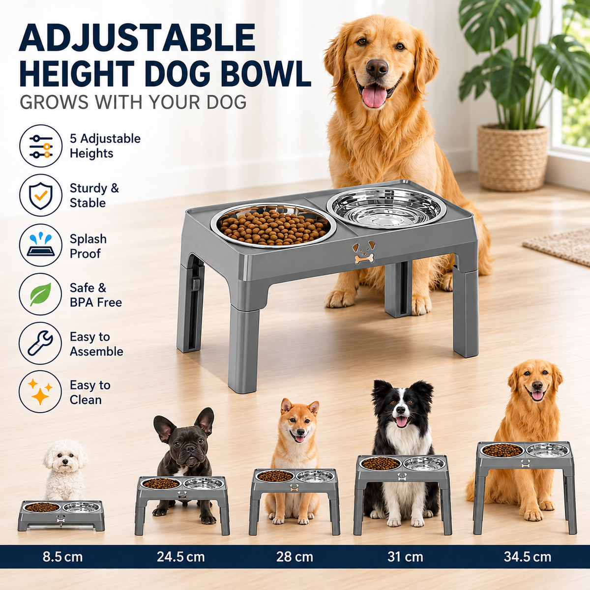 An adjustable height dog bowl elevated platform shown with a golden retriever and smaller dog size examples at the bottom, with marketing text on the left listing features like adjustable heights, sturdy and stable construction, splash proof design, BPA free, and easy to clean.