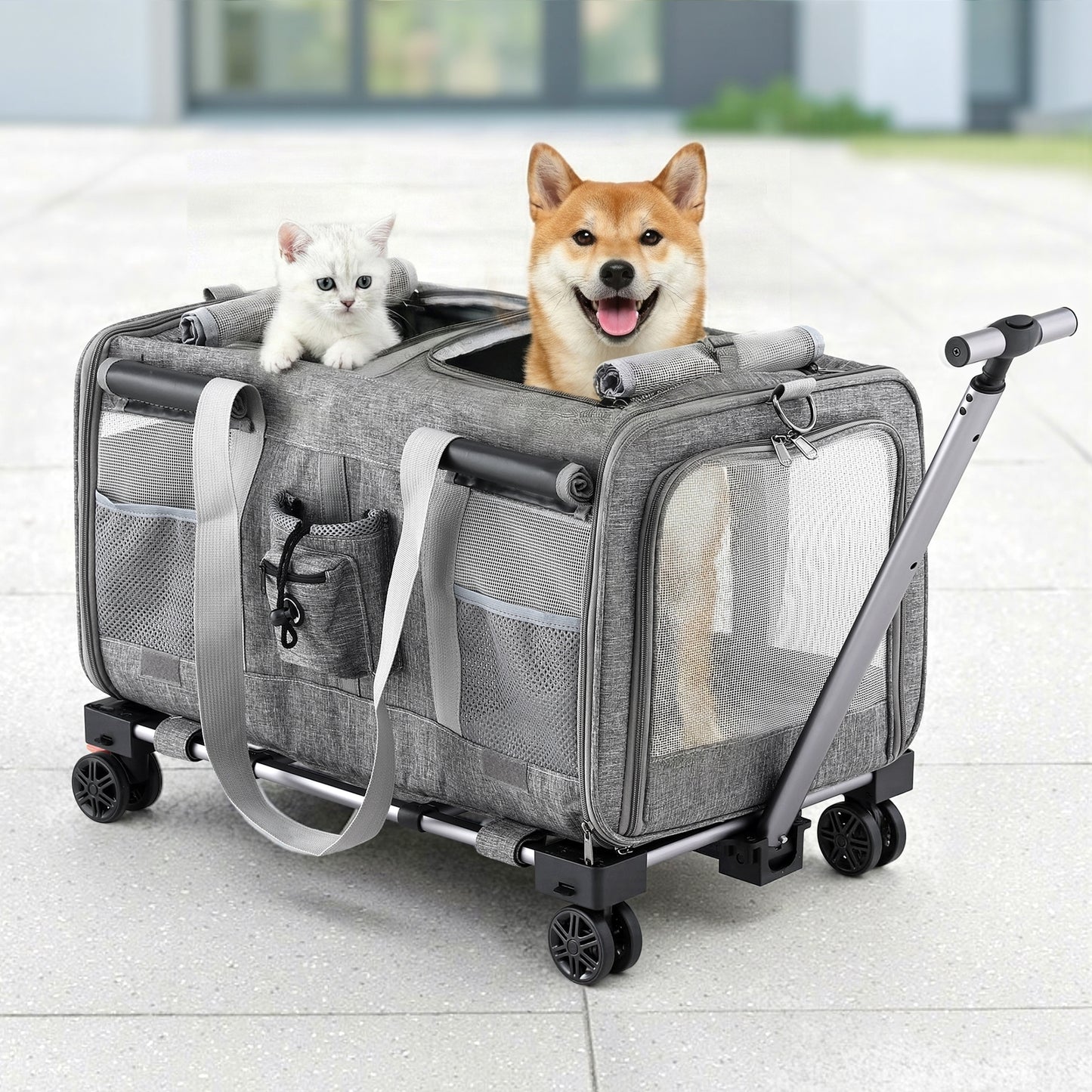 Pet Carrier Swivel Wheels Foldable Cat Dog Trolley Stroller