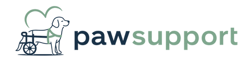 A logo featuring a stylized dog in a wheelchair with a heart outline above it and the words 'paw support' in dark blue and muted green on a white background.