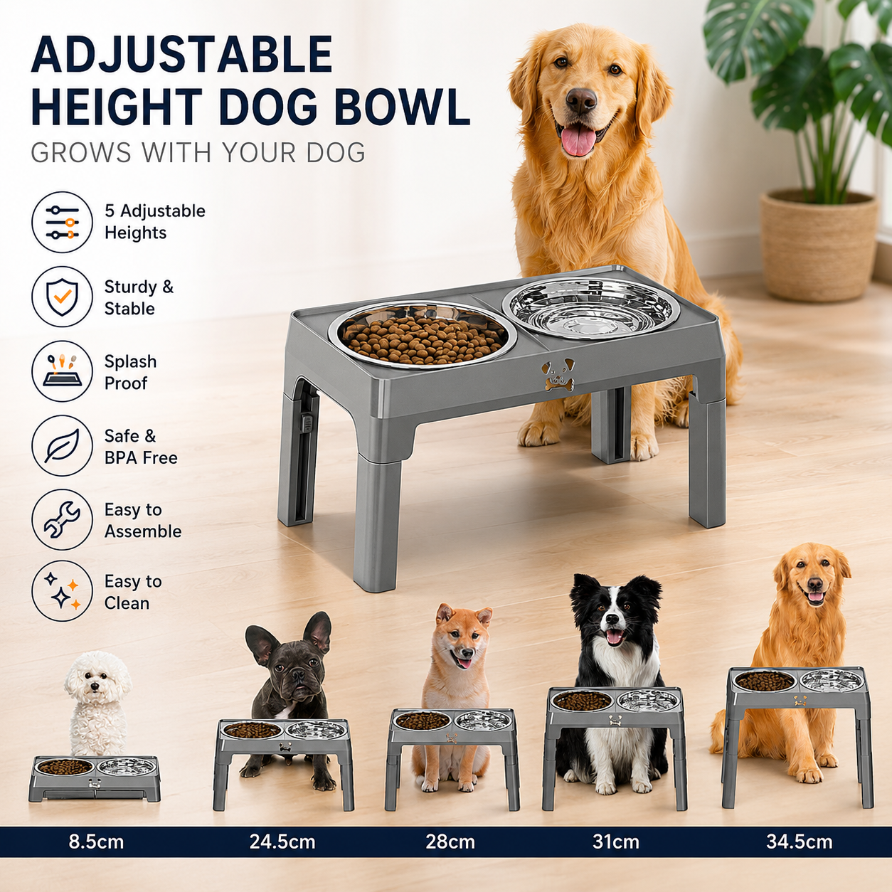 Adjustable Elevated Dog Bowl Stand with Stainless Steel Double Bowls