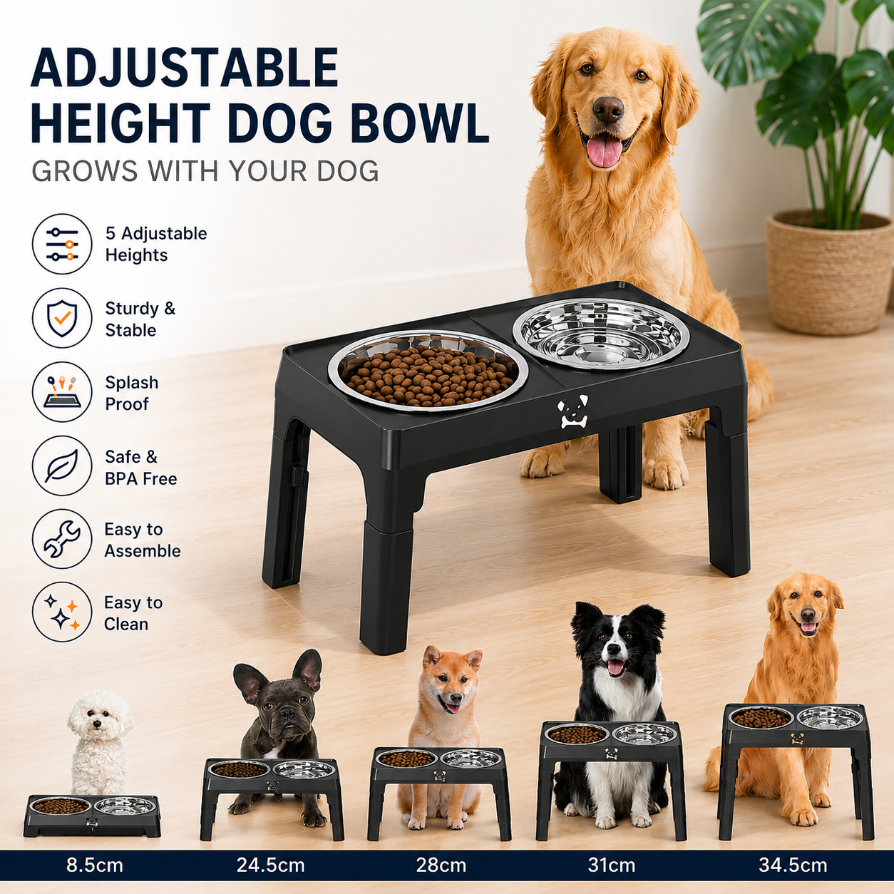Adjustable Elevated Dog Bowl Stand with Stainless Steel Double Bowls