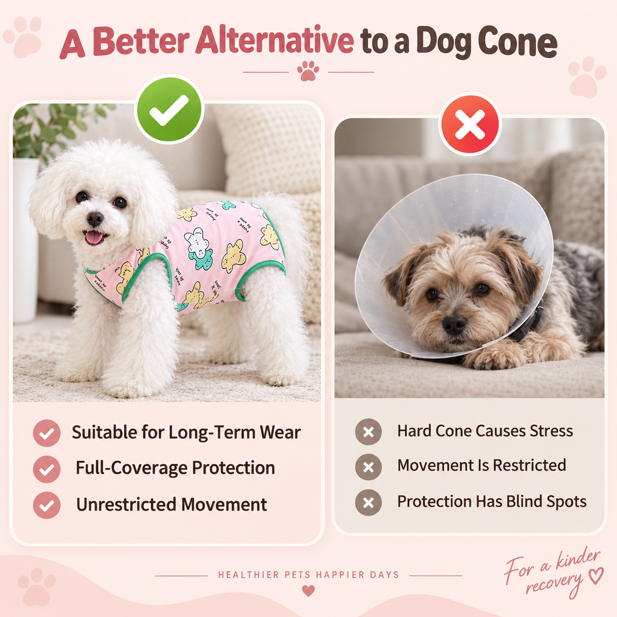 An infographic comparison graphic titled 'A Better Alternative to a Dog Cone' showing two dogs on a couch. The left dog, a small white Poodle, wears a pink full-coverage dog shirt with cartoon graphics and a green collar, with a green checkmark and positive bullet points.