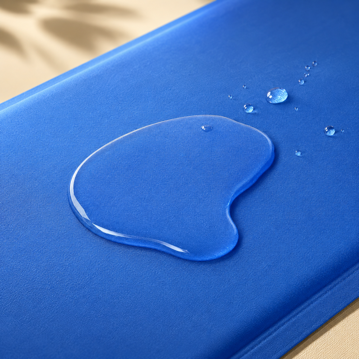 blue gel cooling mat with water on it showing waterproof