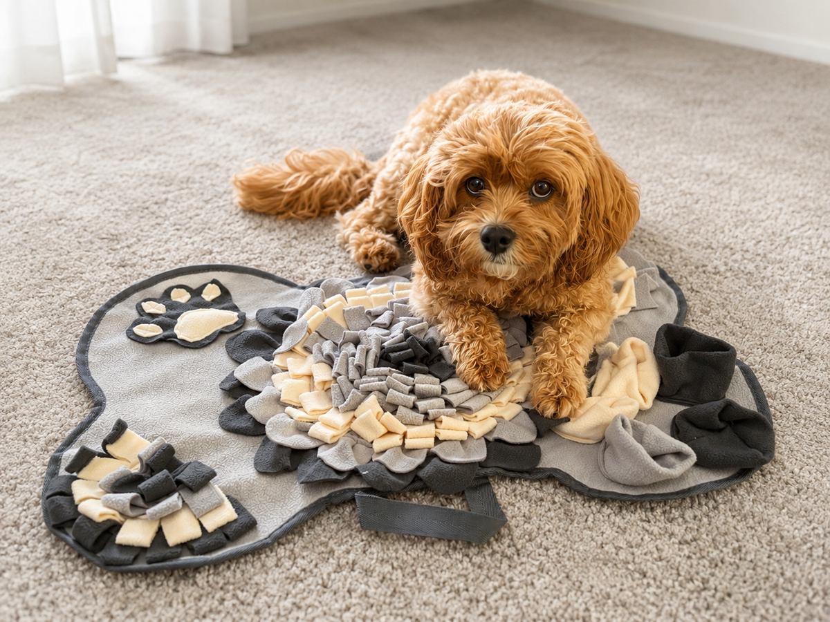cavoodle lying down on grey snuffle mat