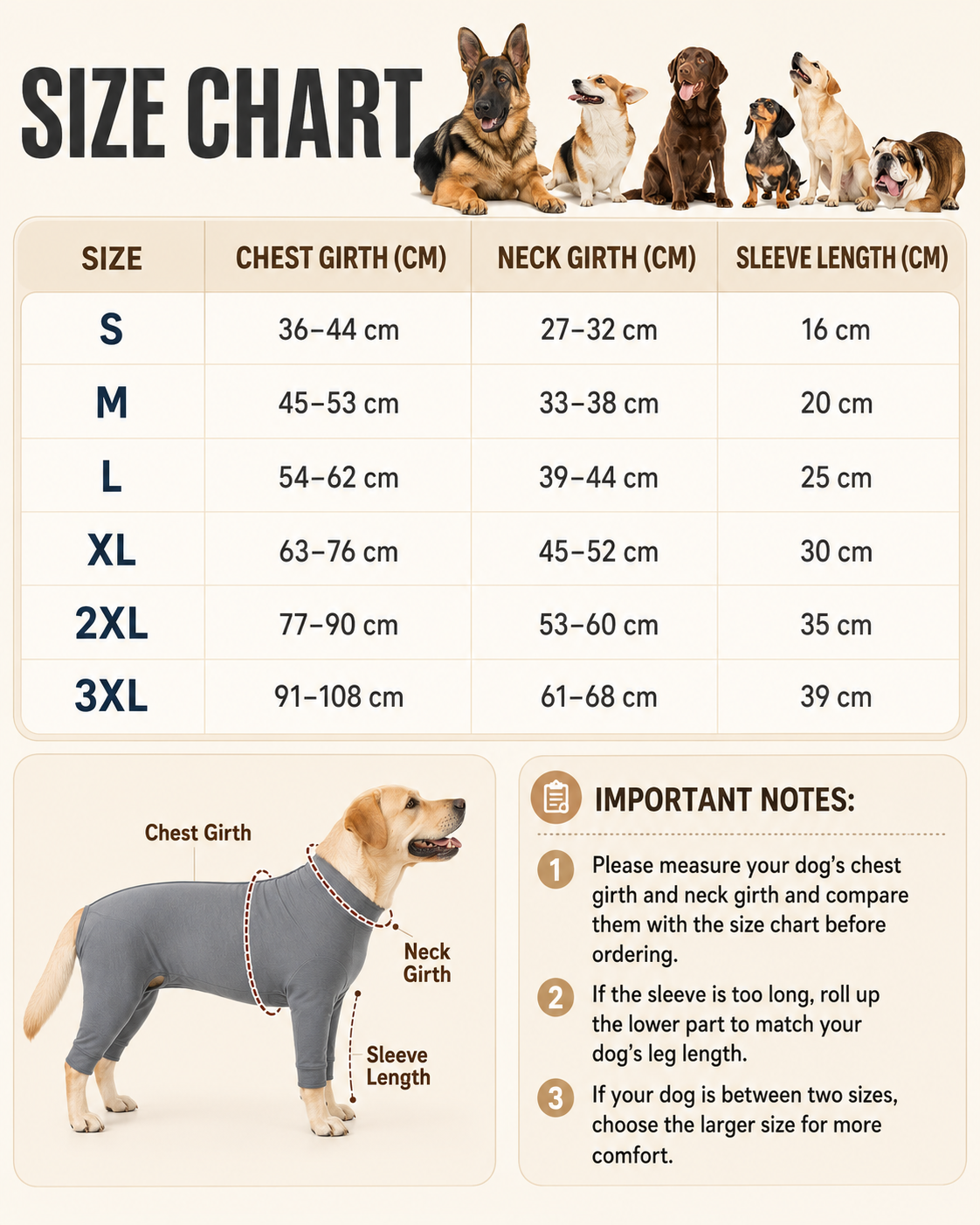 chart with measurements for recovery sleeve. 