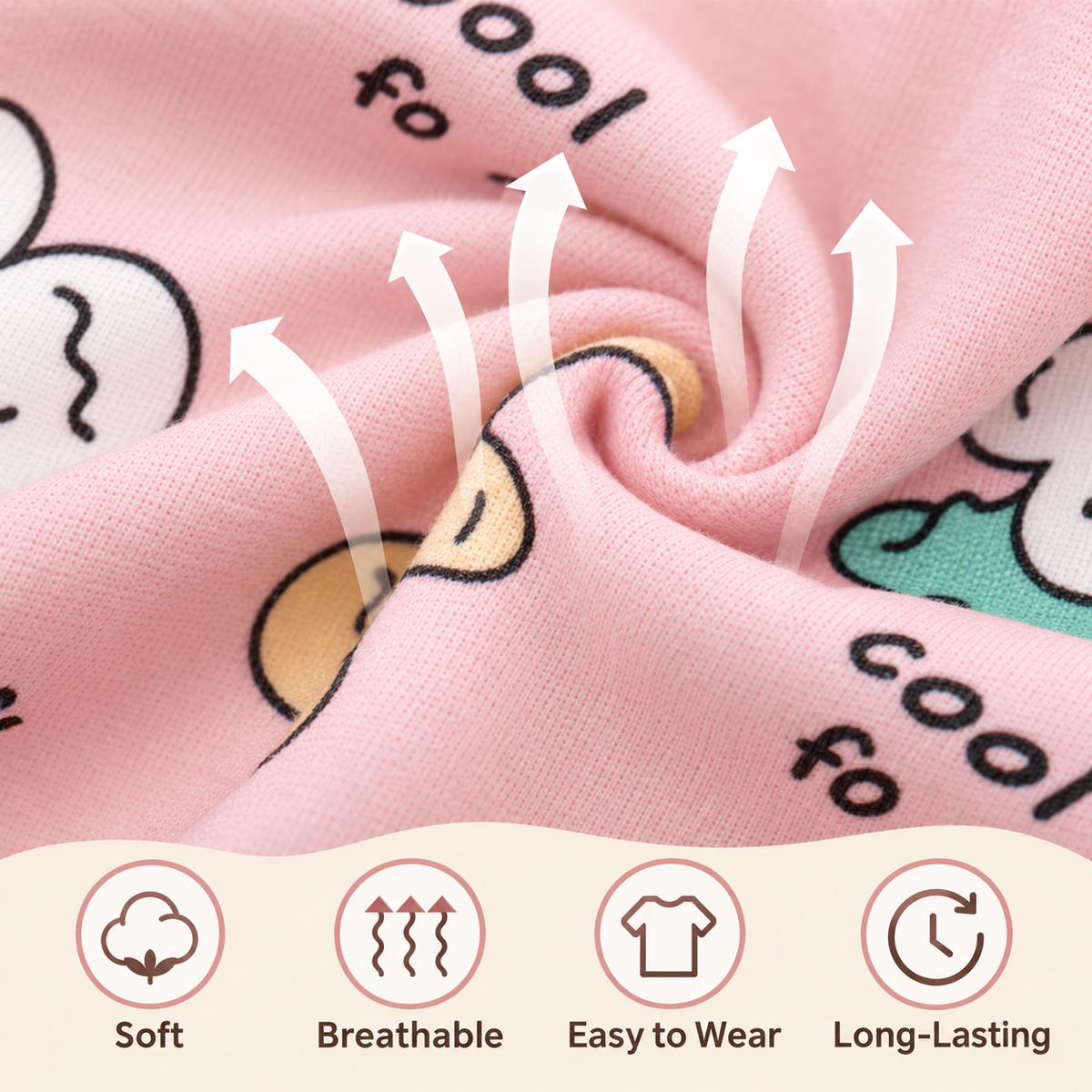 Close-up of a pink printed fabric with cartoon graphics and white airflow arrows overlaid, plus four feature icons reading Soft, Breathable, Easy to Wear, and Long-Lasting.