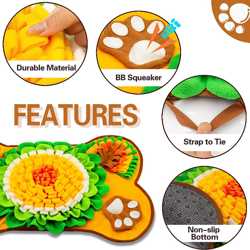 Dog toy with features highlighted, including durable material, BB squeaker, strap to tie, and non-slip bottom.