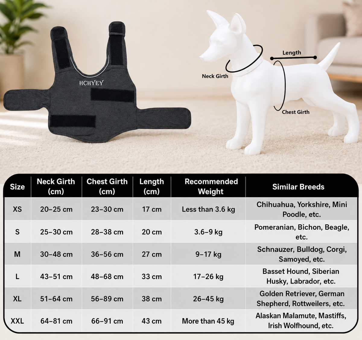 A black pet harness shown on a white dog, with a size guide and measurement chart below. The harness has the brand name 'HOCHVEY' printed on it.