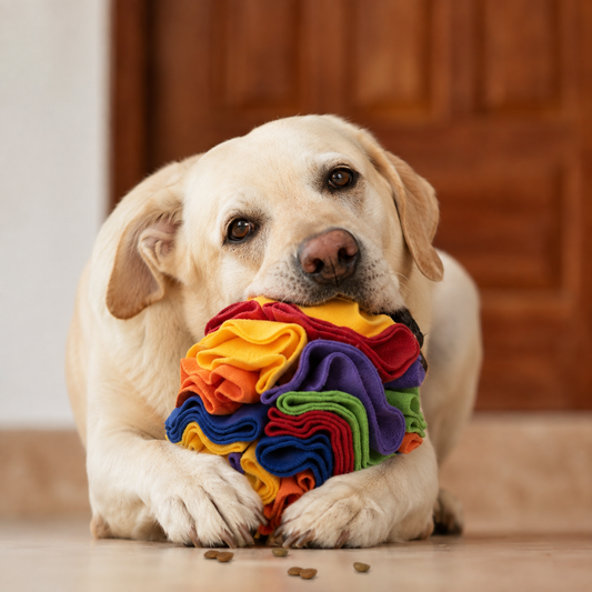 dog chewing snuffle ball