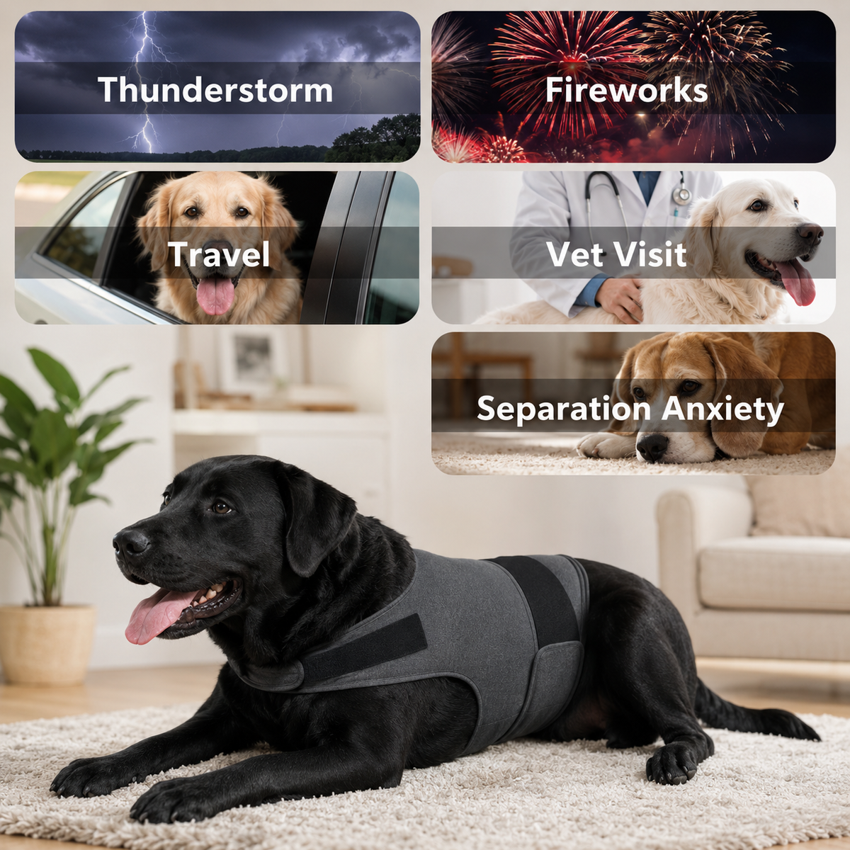 A black dog lying on a beige rug indoors wearing a gray and black pet anxiety vest. Above the dog, five rounded panels show use cases: thunderstorm, fireworks, travel, vet visit, and separation anxiety, each with a small photo and text label.