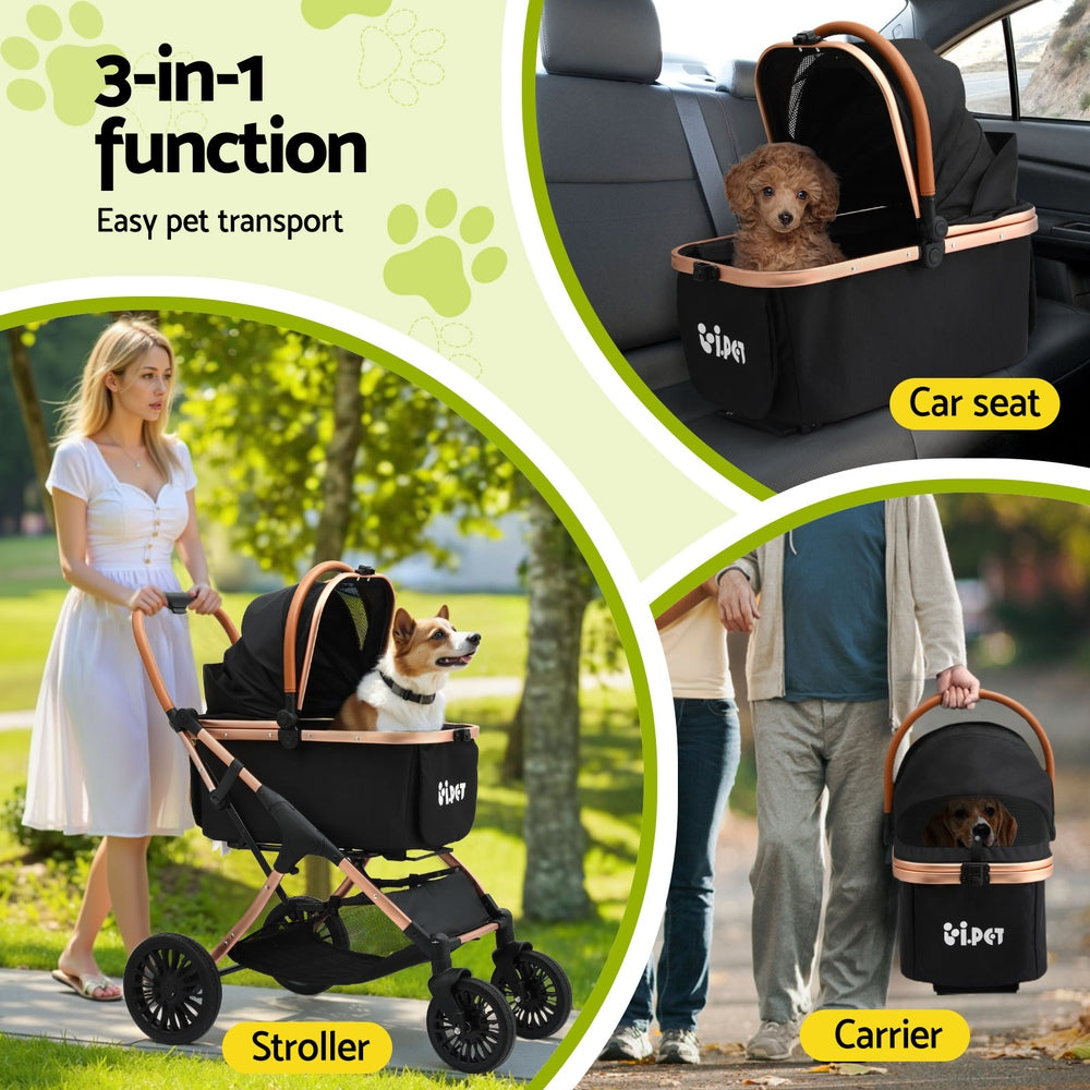 Pet carrier with 3-in-1 function for easy pet transport, shown in use with a dog.