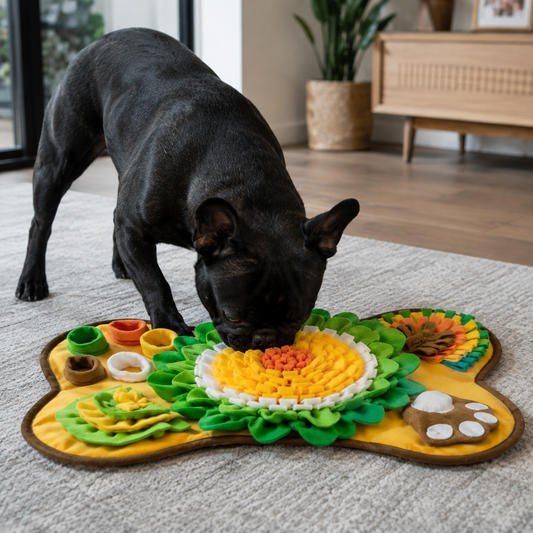 dog using colourful snuffle mat for anxiety