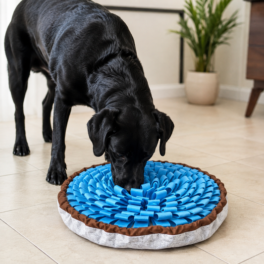 dog using slow feeder snuffle mat