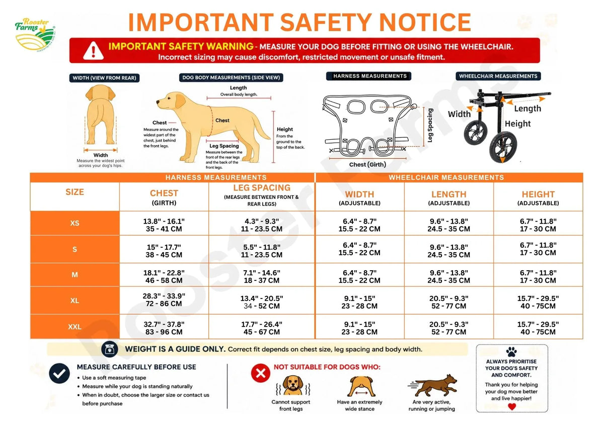 Important safety notice for a dog wheelchair with measurements and guidelines.