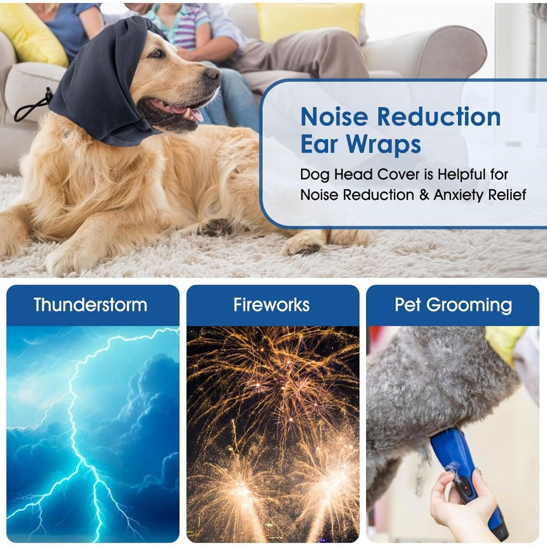 Dog wearing a noise reduction ear wrap with text about its benefits and uses.