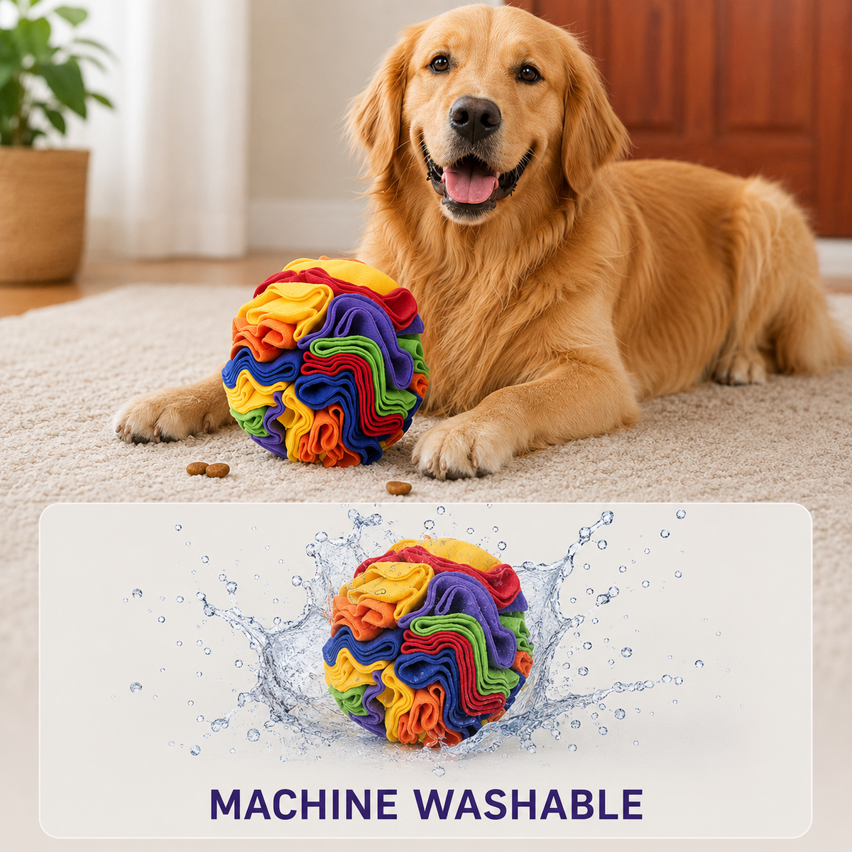 dog with snuffle ball and showing it is washable