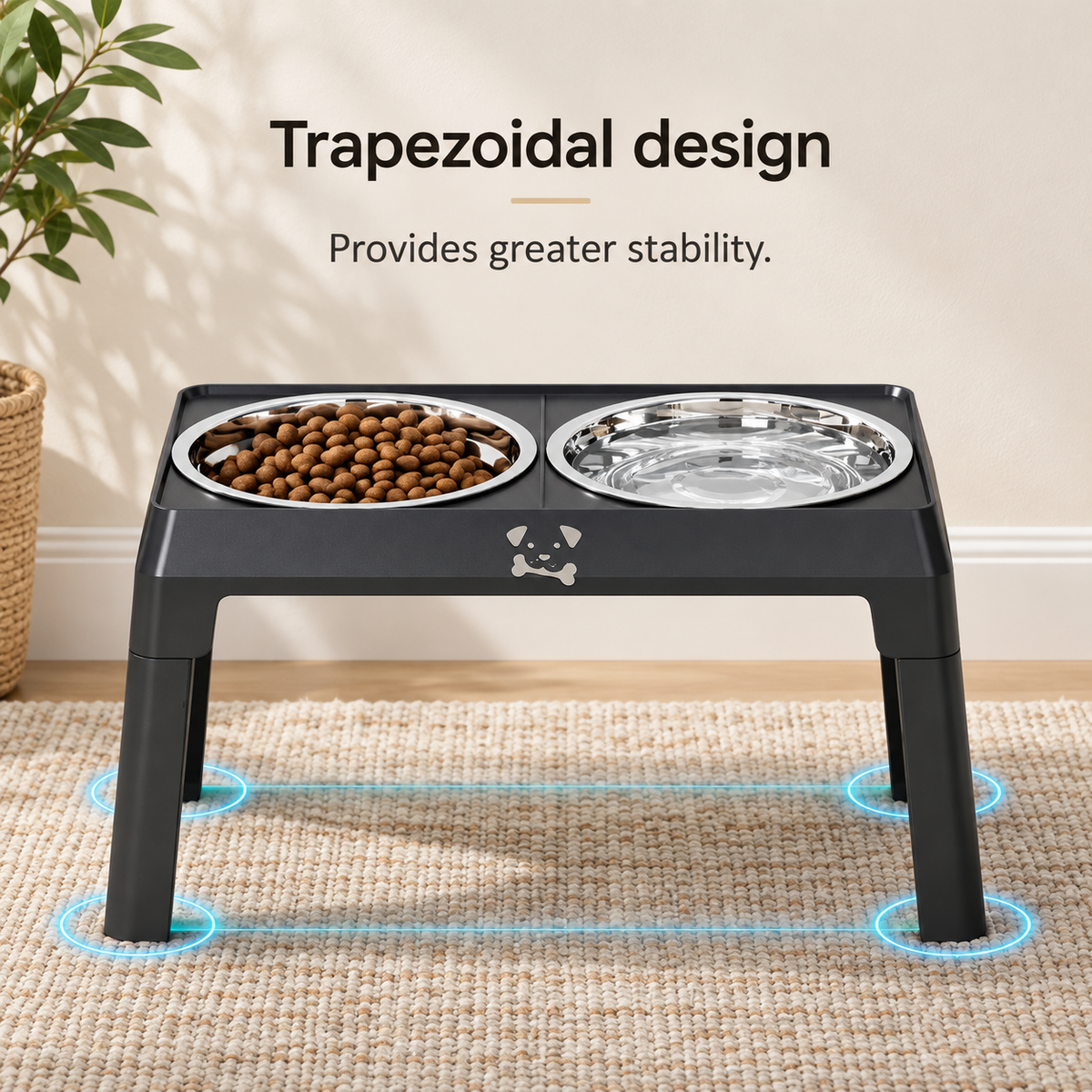 A black elevated pet feeder and water bowl stand on a woven rug in a home setting, with text reading 'Trapezoidal design' and 'Provides greater stability.' The stand holds a bowl of kibble and a clear water bowl.