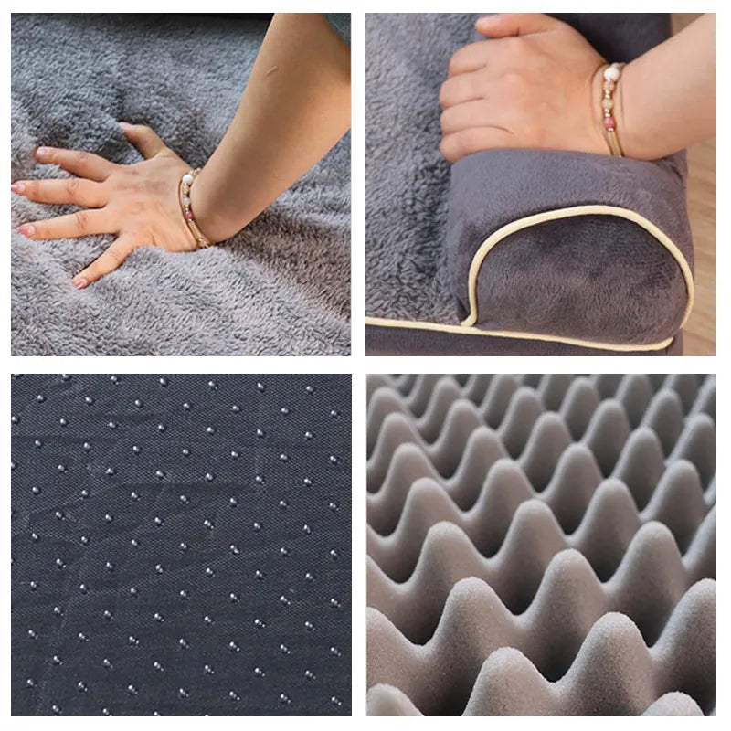 Collage of a hand touching fabric, close-up of fabric texture, patterned fabric, and wavy surface texture.