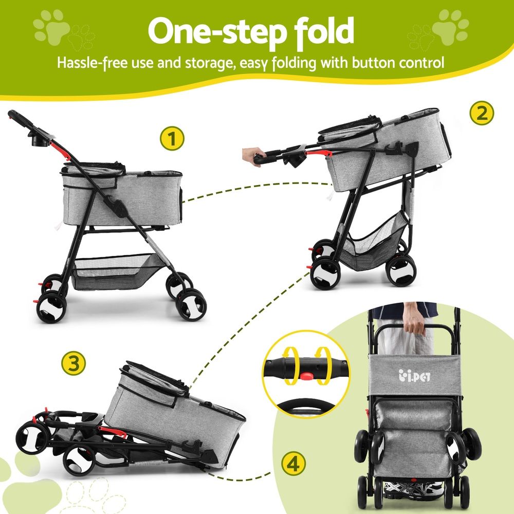 instructions showing how to fold the pet stroller