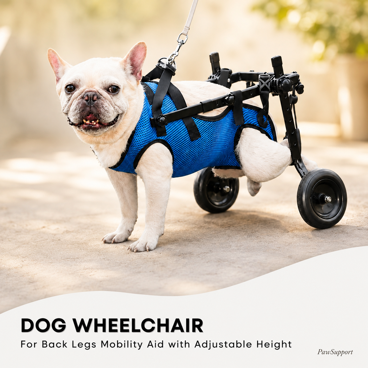 frenchie in a dog wheelchair