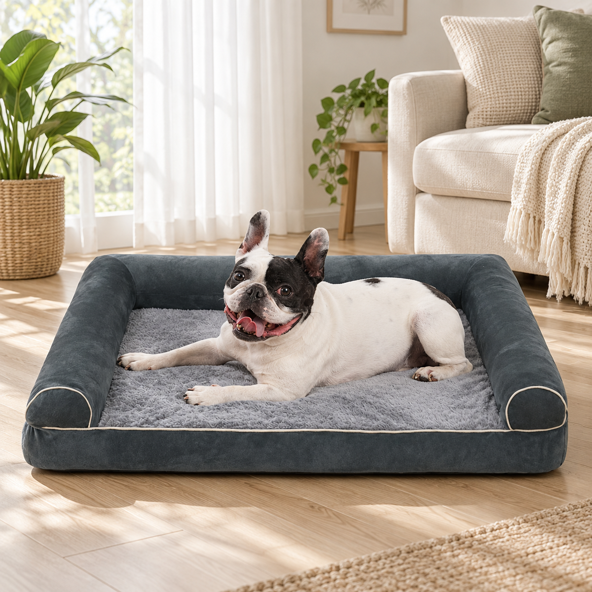 frenchie on soft orthopaedic bed