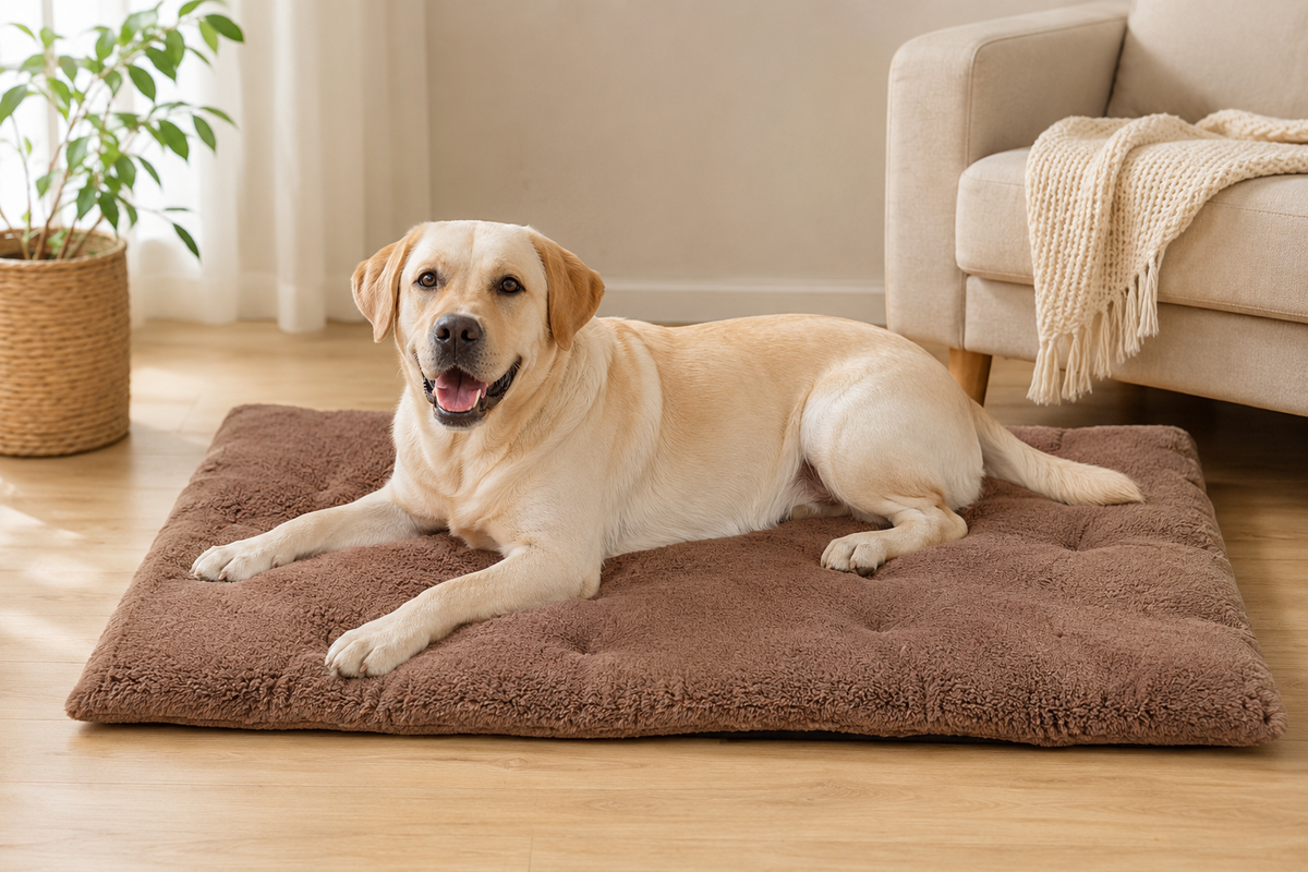 gold labrador on brown self heating mat