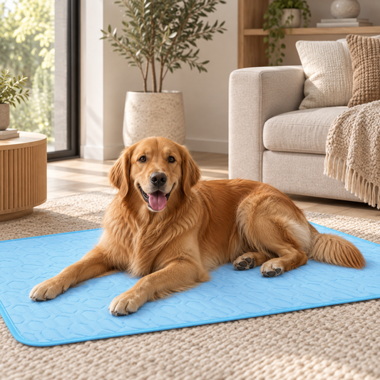 A golden retriever dog lies on a bright blue rectangular mat in a cozy living room with a beige sofa, plants, and warm natural light.