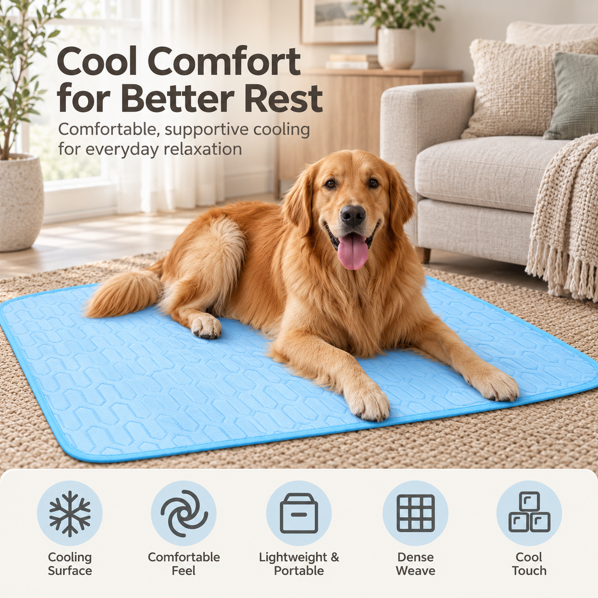 A golden retriever lies on a bright blue cooling mat in a living room setting. Large text at the top reads 'Cool Comfort for Better Rest,' and a row of feature icons along the bottom highlights cooling surface, comfort feel, lightweight portability, dense weave, and cool touch.