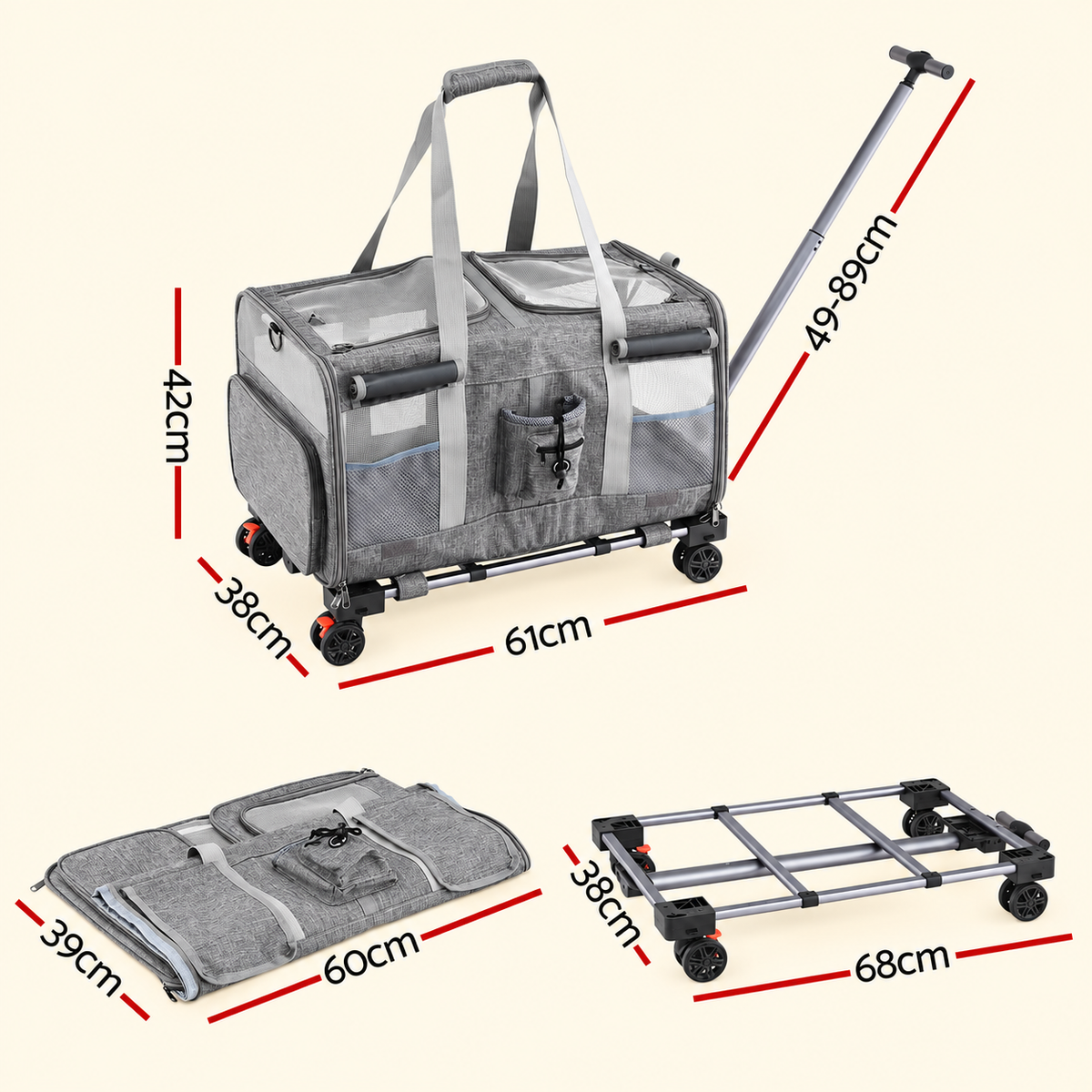 Gray pet carrier bag with wheels, shown with red dimension lines and measurements for folded and unfolded states on a light beige background.