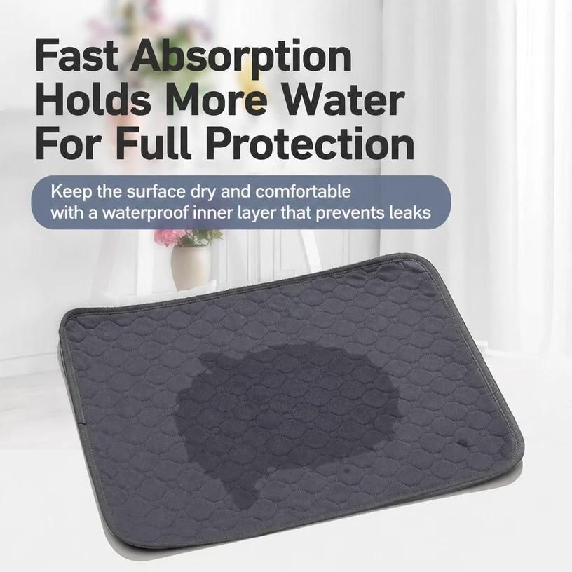 A dark gray quilted mat with a water droplet pattern, shown on a light background with promotional text about fast water absorption and waterproof protection.