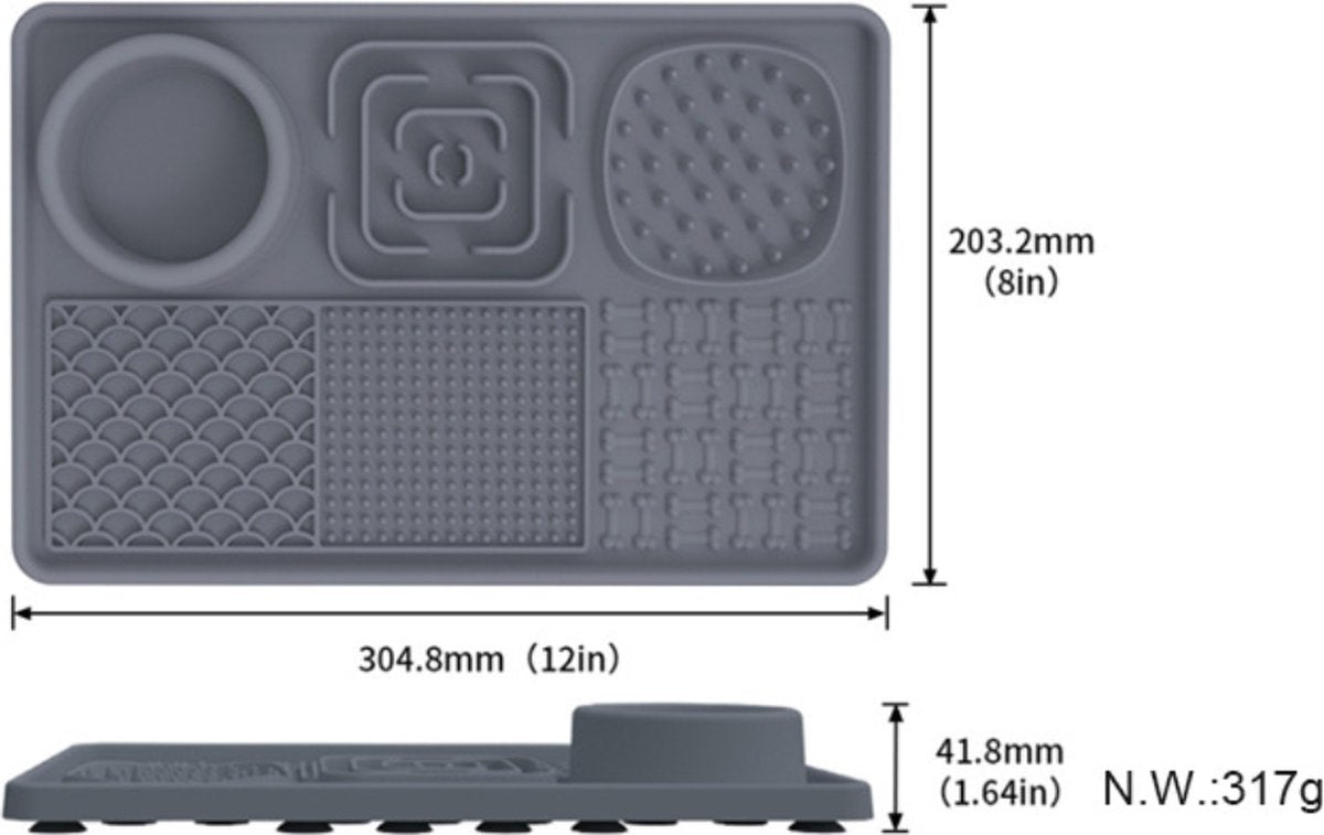 Gray silicone mat with various textured sections and dimensions labeled