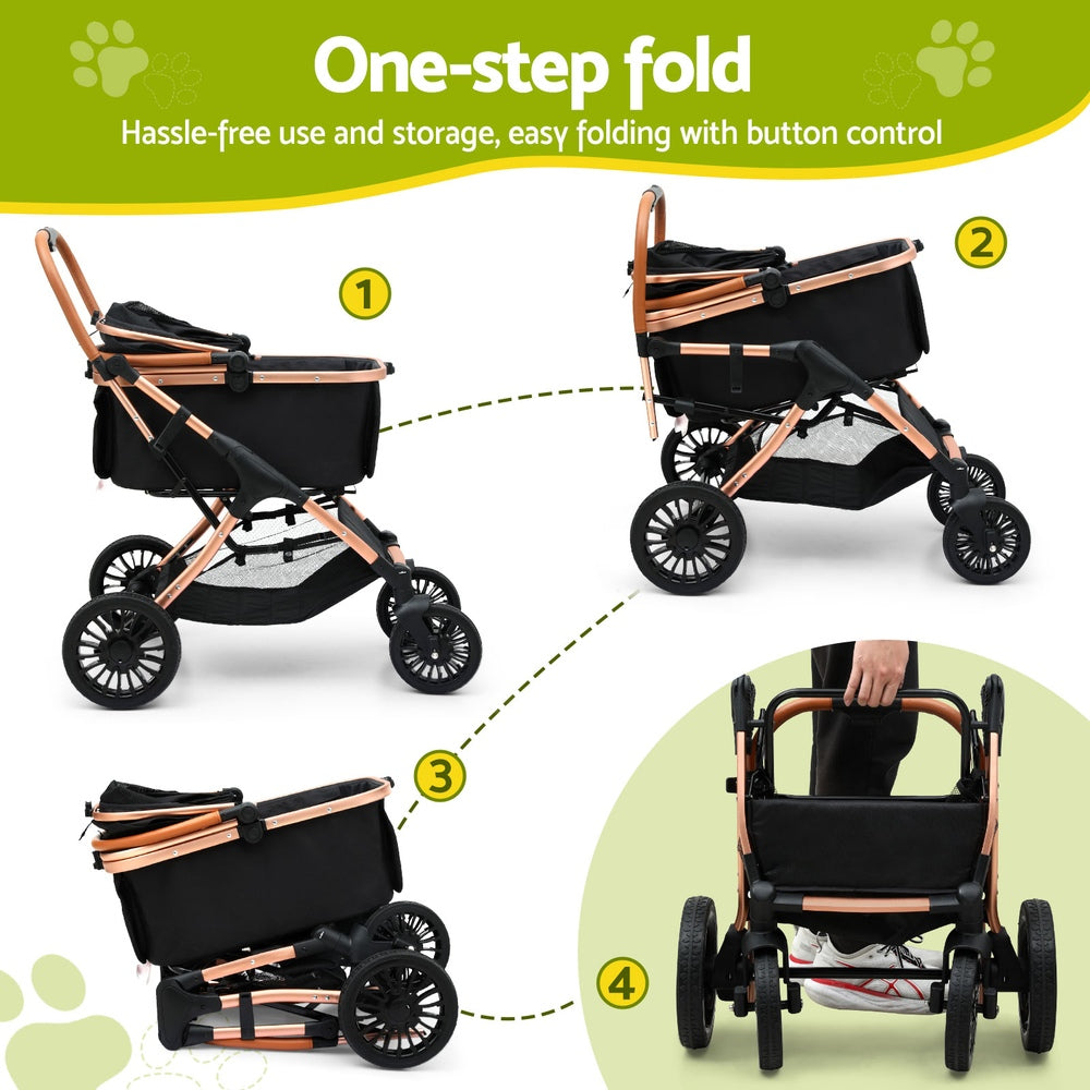Step-by-step guide on how to fold a stroller with text 'One-step fold' and 'Hassle-free use and storage, easy folding with button control'.