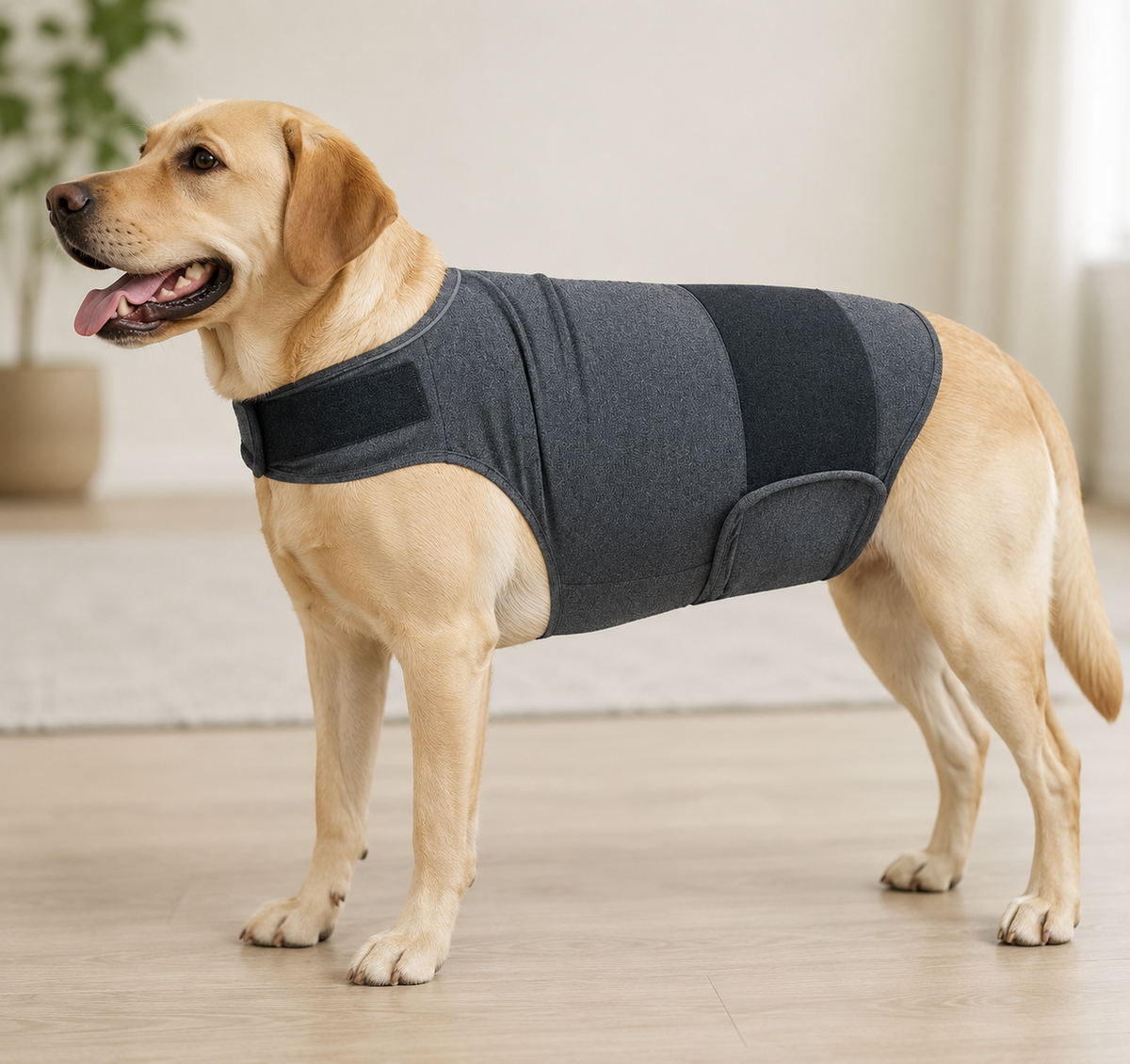 a gold labrador wearing a calming vest