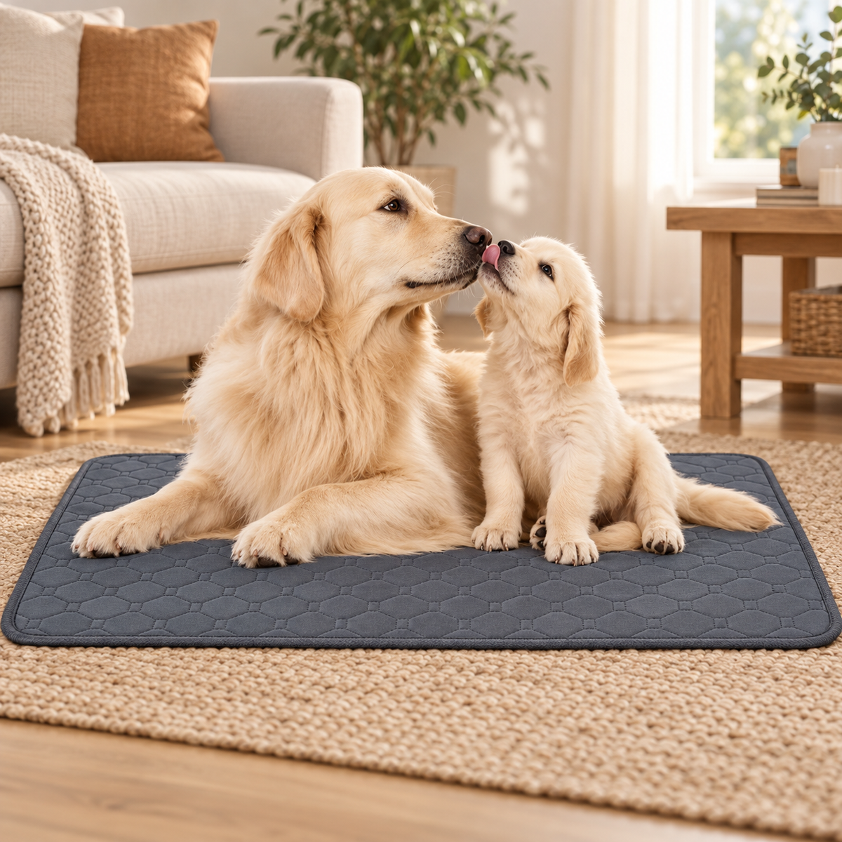 mother and puppy dog on absorbent mat