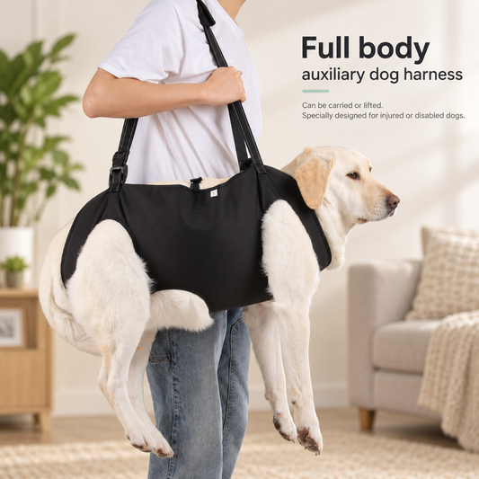 A person in a white t-shirt and jeans carries a light cream-colored Labrador Retriever using a black full-body harness sling in a bright, modern living room. Text on the right reads 'Full body auxiliary dog harness'.