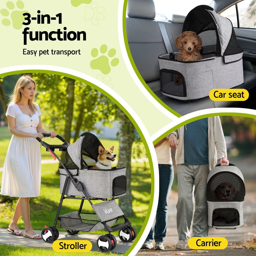 A promotional collage showing a pet transport product in three use cases: a woman pushing a stroller with a dog, a dog sitting in a pet carrier placed in a car seat, and a person carrying a small dog in a handheld carrier. Text reads '3-in-1 1 function Easy pet transport' with labels 'Stroller', 'Car seat', and 'Carrier'.
