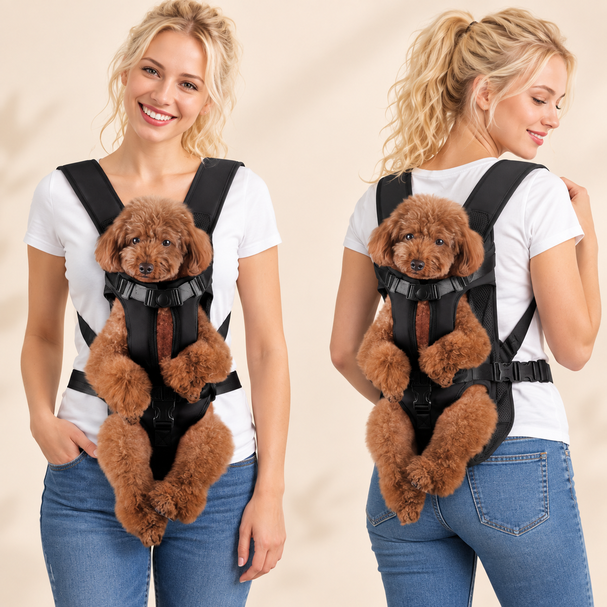 red poodle in a backpack or front carry pack