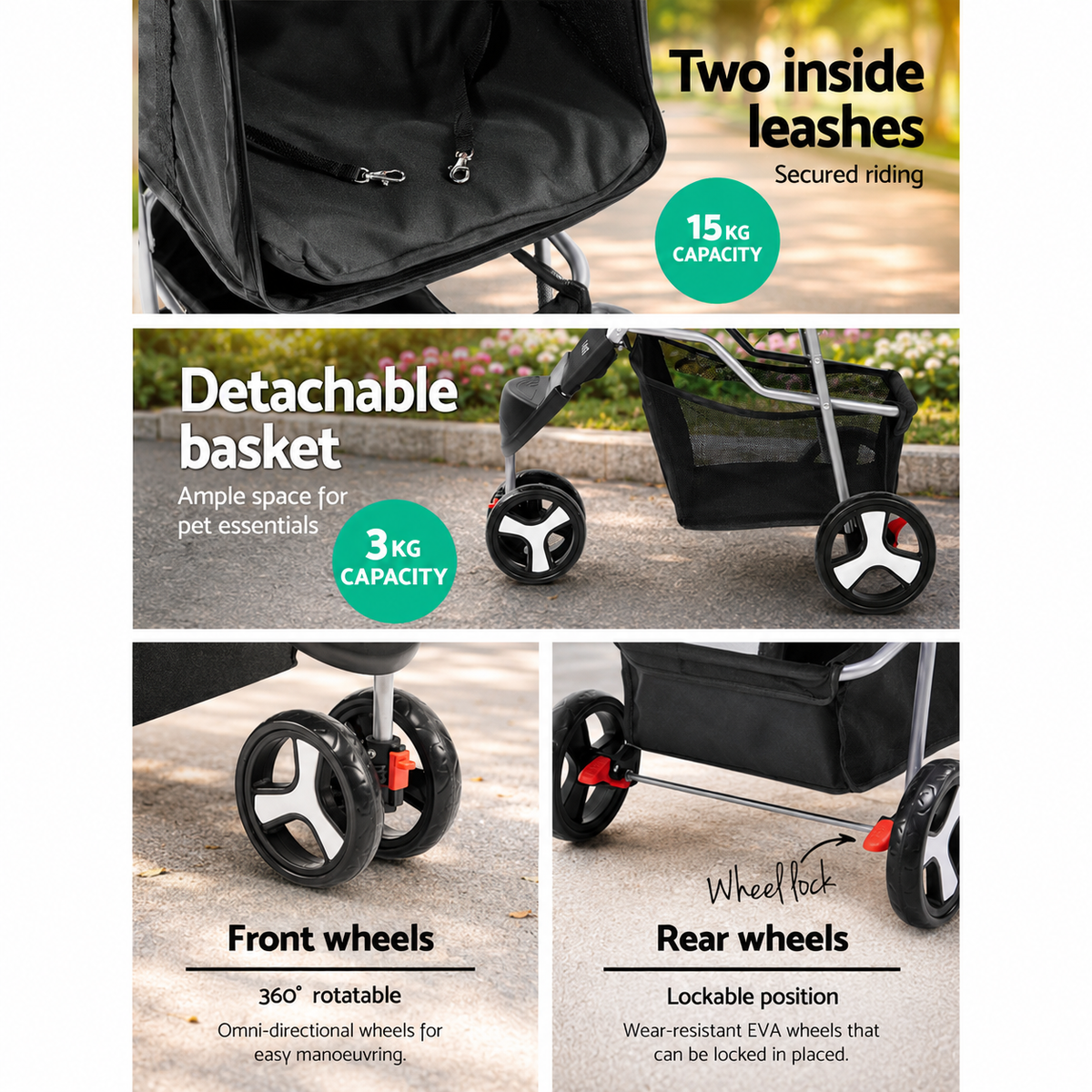 showcasing features of dog pram