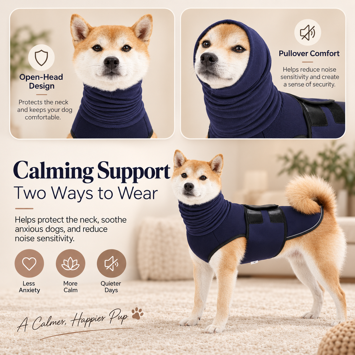 showing different ways to wear the anxiety vest with ear wraps
