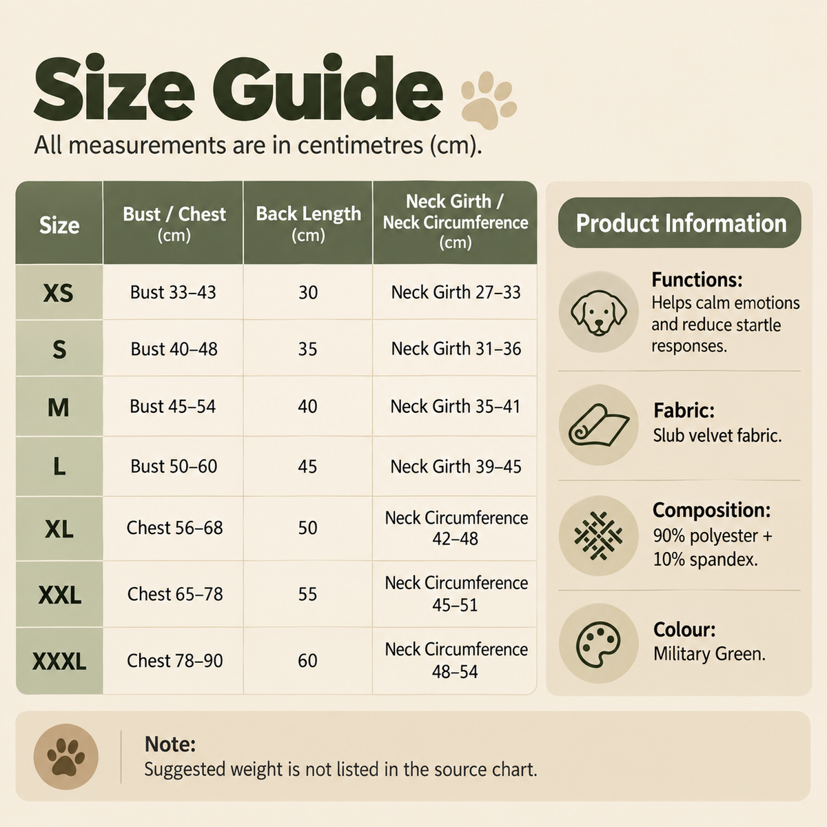 size guide for thunder calming vest