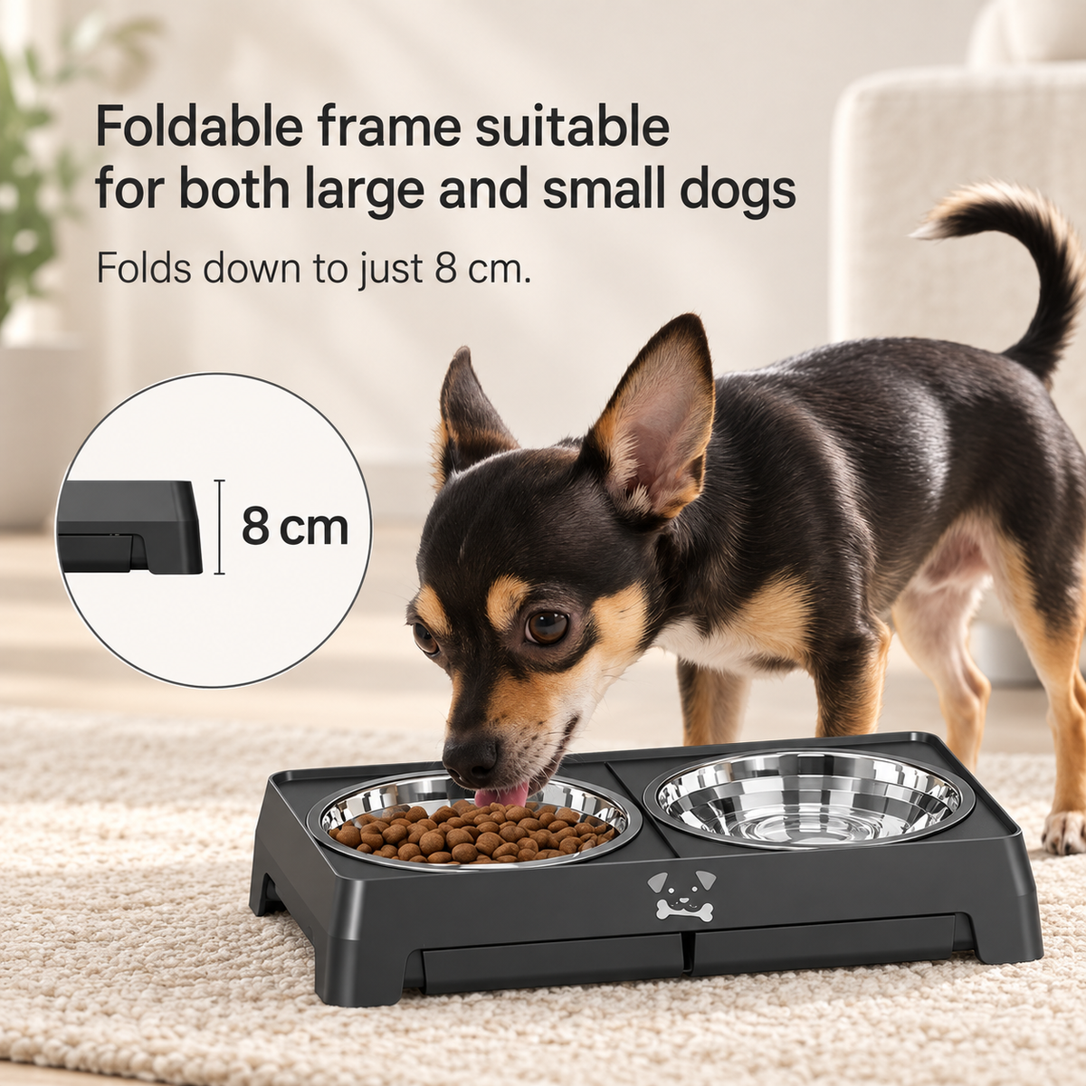 A small black dog eats from a foldable two-bowl pet feeder placed on a beige rug. Text on the image says the frame is suitable for both large and small dogs and folds down to just 8 cm, with a circular inset showing the 8 cm height.