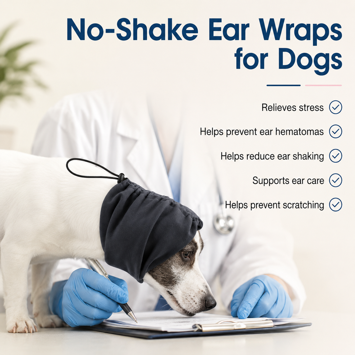 dog with ear wraps and text explaining them