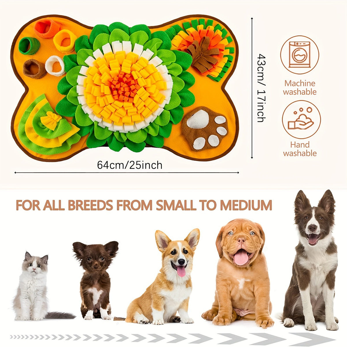 Dog toy with colorful design and measurements, suitable for small to medium dogs.