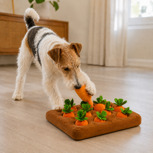 terrier with a carrot snuffle mat