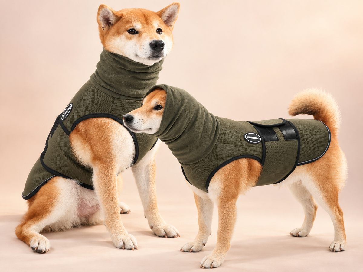 two dogs wearing green calming vest