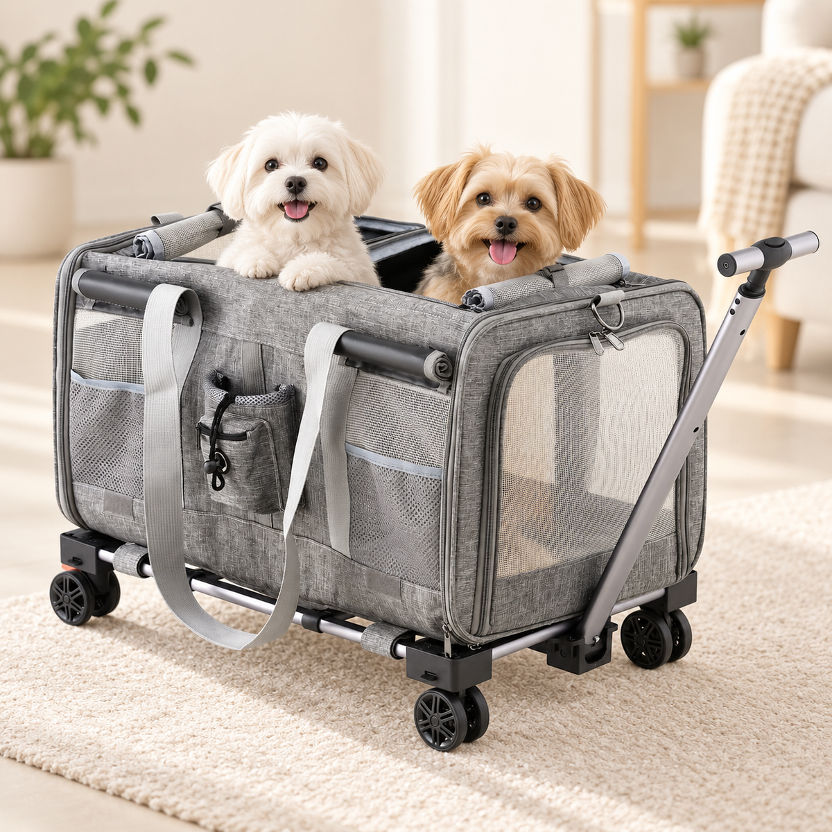 two small dogs in a wheeled carrier