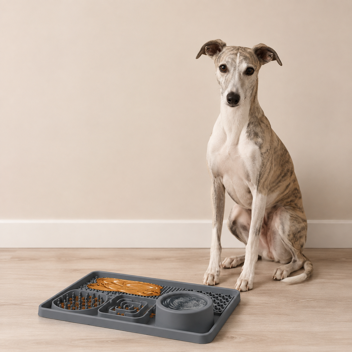 whippet with slow feeder bowl